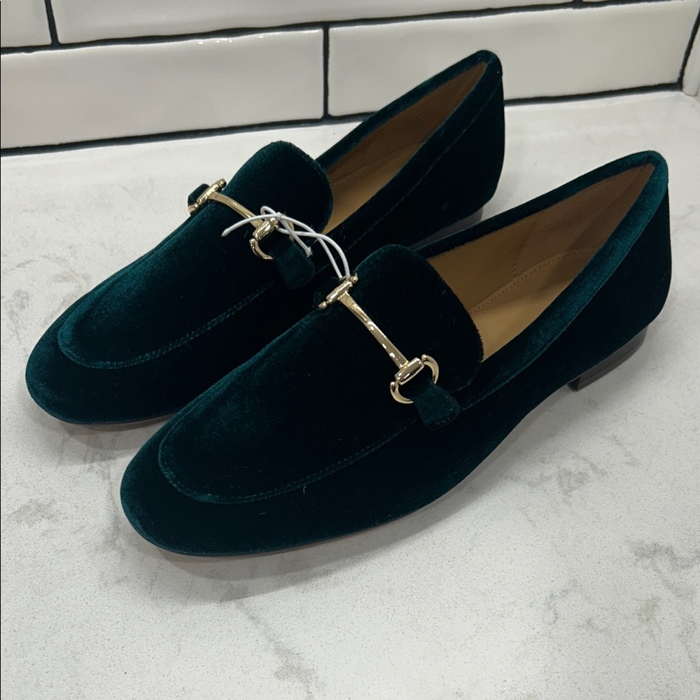 J. Crew Velvet Bit Green Elegant Holiday Loafers with Gold Accent 10 NWT - Picture 2 of 14